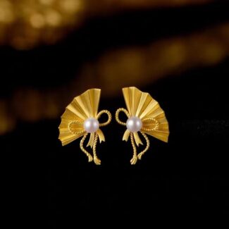 ต่างหูแบบพัดผีเสื้อต่างหูเวียดนามทองทรายทองเหลืองชุบทองประดับไข่มุกและไข่มุกทะเลต่างหูทรงพัดเหมาะสำหรับผู้หญิง